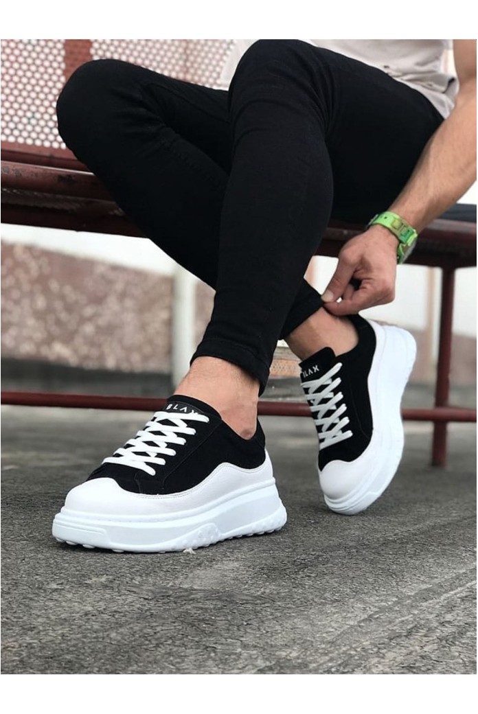 WG507 Erkek Günlük Bağcıklı Süet Cilt Spor Sneaker Ayakkabı SCBT - Siyah/Beyaz
